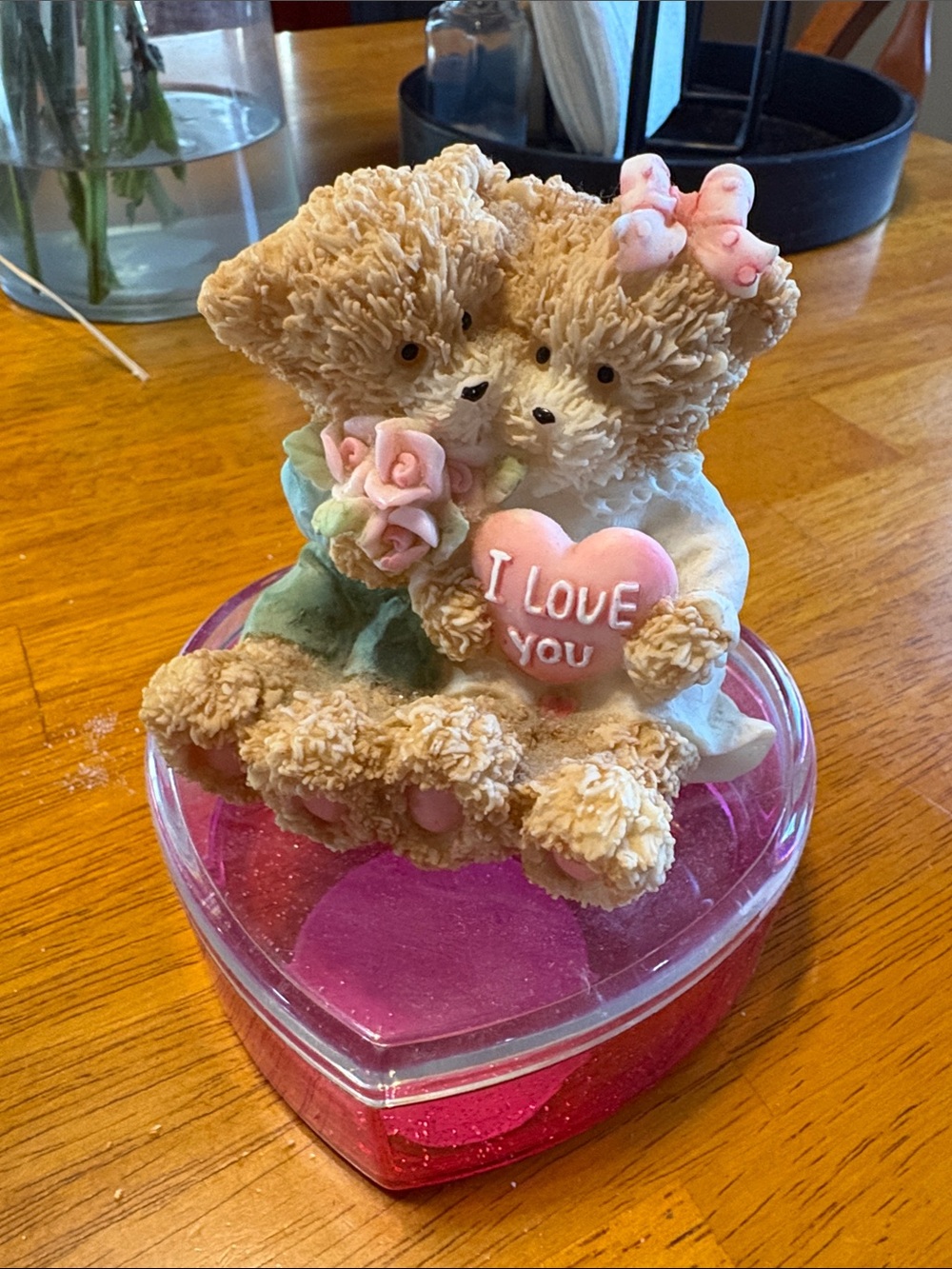 Bear Couple Figurine Holding "I Love You" Heart - Pink, Cream
